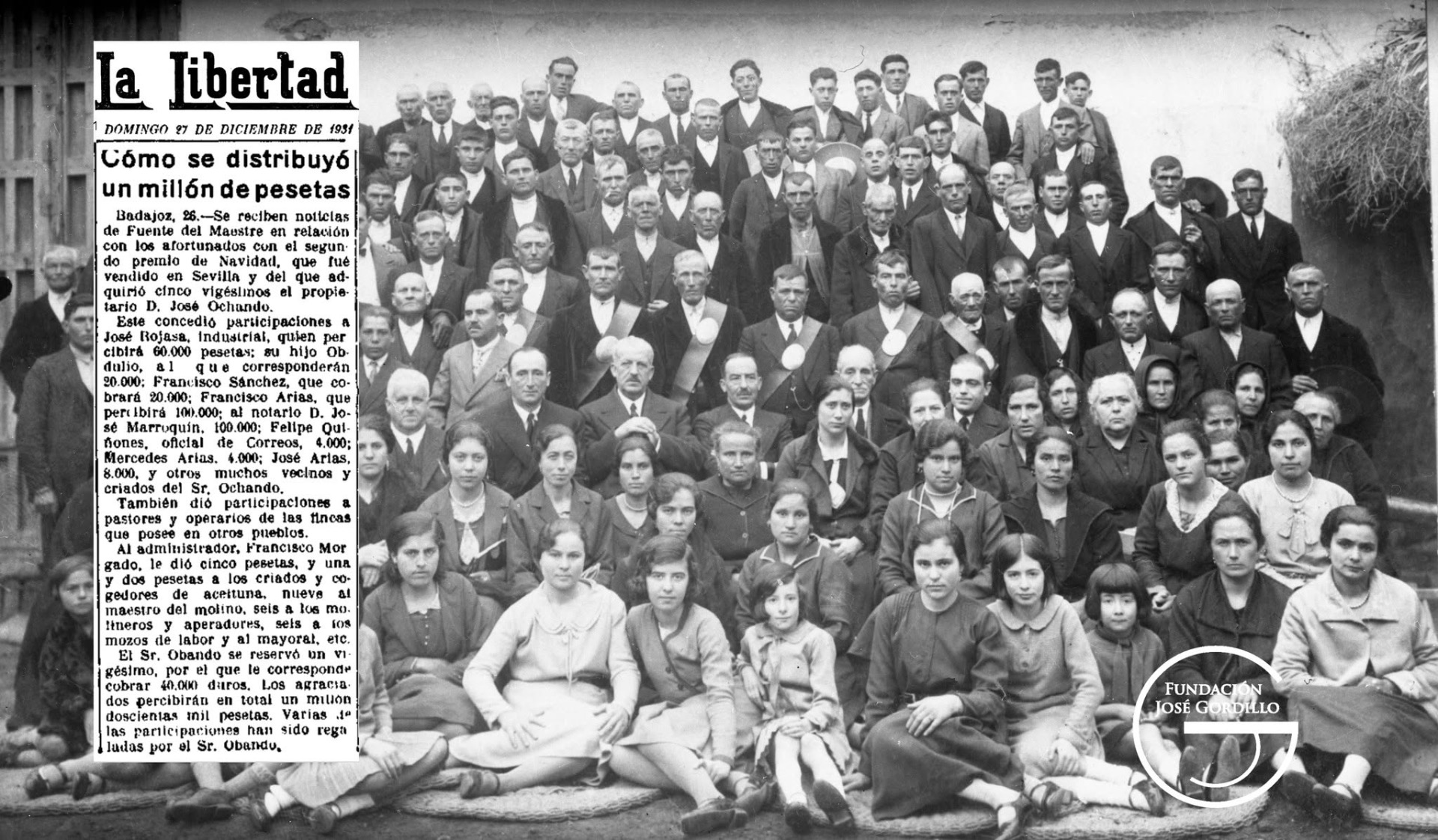 Fotografía de José Gordillo. D. José Ovando y Montero de Espinosa con sus trabajadores, que resultaron agraciados con el 2º premio de la Lotería de Navidad de 1931.